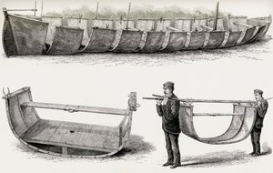 El barco de acero Advance de 28 pies, diseñado para ser transportado por tierra, 1890 de English School